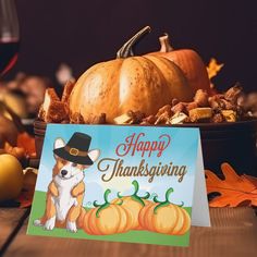 a thanksgiving card with a dog wearing a pilgrim hat sitting in front of pumpkins and gourds