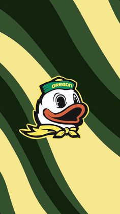 the oregon ducks logo on a green and yellow striped wallpaper with an image of a duck wearing a hat