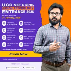 a man standing in front of an orange and purple background with the words ug net & mphl general technology entrance 205