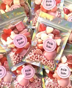 candy candies in bags with labels on them for bride and groom's gifts