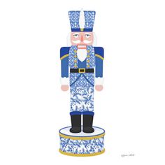 a blue and white nutcracker standing on top of a wooden stand with an ornate pattern