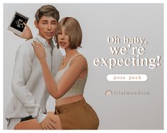 a man and woman are standing next to each other with the caption on baby, we're expecting