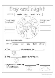 the day and night worksheet for kids to practice their reading skills, including