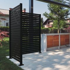 an outdoor kitchen area with grill and fence