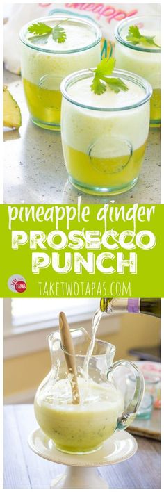 pineapple ginger prosciuco punch recipe in small glass bowls on a cake stand