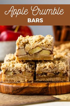 apple crumble bars stacked on top of each other with apples in the background and text overlay