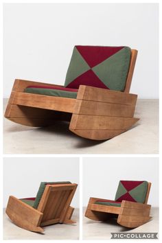 three different views of a wooden chair with green and red cushions