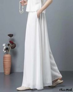 OliviaMark - Premium Double-layered Chiffon Wide-leg Pants and High-waisted Flowy Palazzo Skirt with Elastic Waist - Available in White or Black Palazzo Skirt, Chiffon Palazzo Pants, White Palazzo Pants, Wedding Pants, Sophisticated Dress, High Waisted Flares, White Chiffon, Cocktail Evening Dresses, Pantalon Large