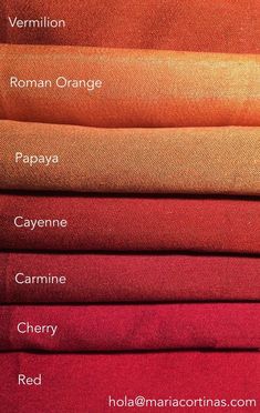 different colors of fabric with the names of them in english and spanish, including red