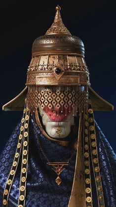 an elaborately decorated helmet with gold accents