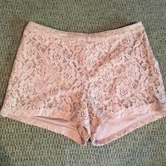 High Waisted Blush Pink Lace Shorty Shorts. So Cute And Perfect For Spring! Feminine Short Bottoms For Night Out, Feminine Short Bottoms For Party, Chic Pink Forever 21 Bottoms, Forever 21 Shorts For Night Out In Spring, Pink Lace Shorts, Shorty Shorts, Shorts High Waisted, Pink Lace, High Waisted Shorts