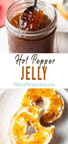 hot pepper jelly in a jar and on a plate with pretzels