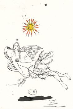 a drawing of a woman floating in the water with an orange sun above her head