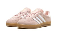 The Women’s adidas Gazelle Indoor “Shadow Fig” is a women’s-exclusive colorway of the lifestyle shoe with a unique look.  A casual, easy-wearing option for women, the adidas Gazelle Indoor “Shadow Fig” features a Shadow Fig-colored suede construction with tonal overlays on the toe and eyelets.  Contrasting white leather Three Stripes branding can be found on the sides and a white leather overlay appears on the heel.  Gold “Gazelle” branding is stamped on the lateral side of the mid-panel.  A gum Cute Gazelles, Light Pink Adidas Gazelle, Pink Adidas Gazelle, Cheap Pink Adidas Sneakers, Pink Platform Adidas Gazelle, Pink Gazelle, Pink And Yellow Gazelle, Adidas Shoes Gazelle, Adidas Gazelle Pink