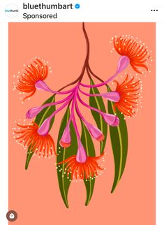 an orange and pink flower with green leaves on the bottom right hand corner, in front of a peach background