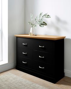 a black dresser with four drawers and a plant on top, in a white room