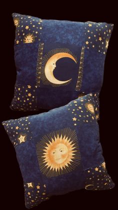 Patchwork sewing project throw pillow. Sun on one side,  moon on the other, and other celestial bodies throughout. Moody whimsigoth pillow. Sun And Moon Bedding, Sun And Moon Pillow, Celestial Blue Bedroom, Sun Themed Room, Mystical House, Starry Night Bedroom, Sun And Moon Decor, Whimsi Goth, Cosmic Aesthetic