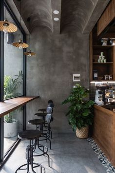 a room with several stools and some plants in front of the counter top area