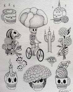 a drawing of skulls and skeletons on bicycles with flowers, candles, cakes and other items