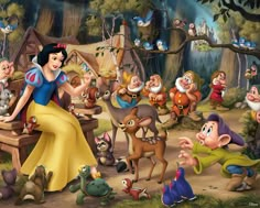 snow white sitting on a bench surrounded by dwarfs and other animated characters in the woods