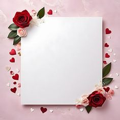 an empty paper surrounded by flowers and hearts on a pink background with copy space for text