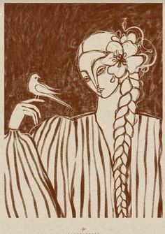 a drawing of a woman with long braids and a bird perched on her shoulder