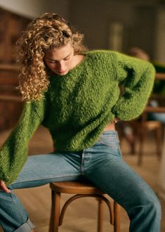 Mohair and merino wool jumper with long puff sleeves;Collaboration with Les Mains de Mamie;Hand-knitted item, measurements may vary depending on the piece;Boat neckline Long Puff Sleeves, Merino Wool Sweater, Boat Neckline, Chunky Sweater, Fall Wardrobe, Puff Sleeves, Lime Green, Merino Wool