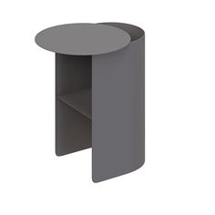 a round table with an open shelf on the top and one side that is grey