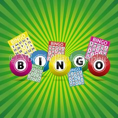 the word bingo surrounded by colorful balls on a green and yellow background with sunburst