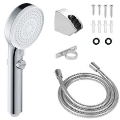 the shower head and hose are connected to each other with screws, washers, and fittings