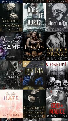 the cover art for various books in different styles and colors, all with skulls on them