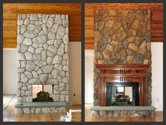 two different views of a stone fireplace in a living room