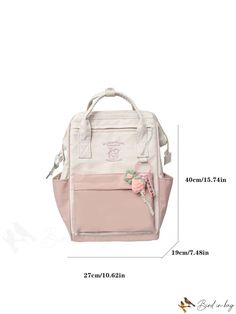 BirdinBag - Colorblock Embroidered Functional Backpack with Bag Charm for Student College-Goers Pink Pouch Bag For Students, Portable Pouch Bags For Back To School, Rectangular Bags For Daily Use And Back To School, School Canvas Bag With Removable Pouch, Softback Canvas Bag With Removable Pouch For School, Beige Rectangular Student Bag, Beige Rectangular Backpack, Beige Portable Rectangular Backpack, Student Bag With Removable Pouch For Back To School