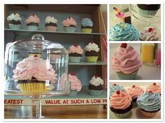 various cupcakes are displayed in glass cases and on display shelves, including one with frosting