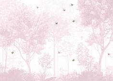 a pink and white forest scene with butterflies flying over the trees