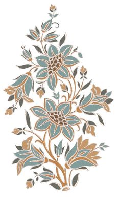 an artistic floral design with leaves and flowers in gold, blue, and green colors