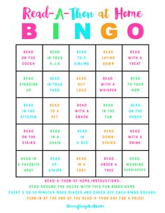 a printable game board with the words read - at - them at home bingo