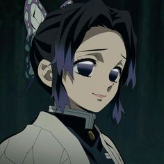 an anime character with black hair and blue eyes looking at the camera, in front of a dark background