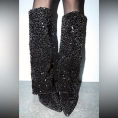 Velvet Knee High Boots With Sequins. Gaiter Detail. Pointed Toe. Heel Height: 2.8 Inches (7 Cm) Fitted Mid-calf Heeled Boots For Party, Glamorous Knee-high Boots For Night Out In Winter, Glamorous Knee-high Boots For Winter Night Out, Evening Mid-calf Boots For Fall, Glamorous Knee-high Boots For Winter Parties, Glamorous Fall Knee-high Boots With Pointed Toe, Elegant Mid-calf Heeled Boots For Winter, Elegant Winter Mid-calf Boots, Black Pointed Toe Winter Boots