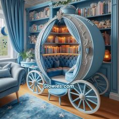 a horse drawn carriage sitting in front of a blue book case with books on it