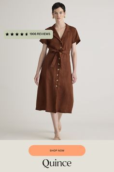 This midi linen dress should be in every wardrobe. Made from 100% organic linen and designed to be versatile, with elegant buttons down the front, and two pockets at the waist, and adjustable removable belt for the perfect fit.  | Quince | Women's Short Sleeve Dress in Chocolate, Size XS, Linen Chic Linen Button-up Dress, Linen Shirt Dress With Button Closure For Work, Belted Linen Midi Dress For Daywear, Casual Linen Midi Dress With Buttons, Belted Midi Linen Dress For Work, Relaxed Fit Midi Dress With Buttons, Fitted Linen Button-up Midi Dress, Linen Midi Dress With Buttons, Linen Midi Dress With Tie Waist