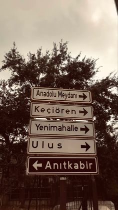 street signs pointing in different directions on a pole near a fence and tree with cloudy sky behind them