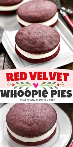 red velvet whoopie pies on a plate with the title above it and below