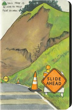 a drawing of a road with a sign that says slide ahead and an orange traffic cone sitting on the side of the road