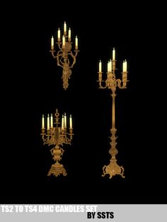 a set of four candles that are lit up in the dark room with black background