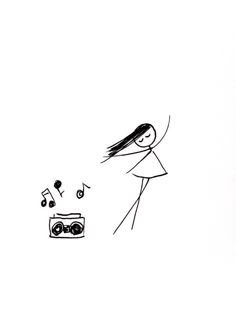 a drawing of a girl with her head in the air and music notes coming out