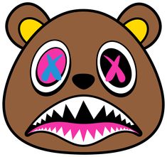 a brown bear with pink and blue eyes has an x on it's face