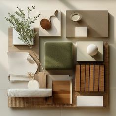 an arrangement of furniture and accessories arranged on a wall