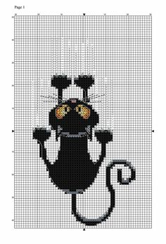 a cross stitch pattern with a black cat on it's back and yellow eyes