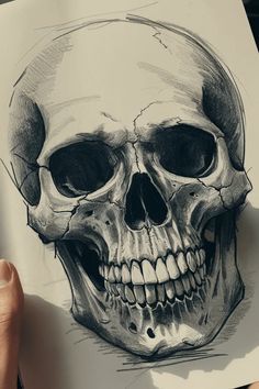 a drawing of a human skull with one eye open and two hands holding it up